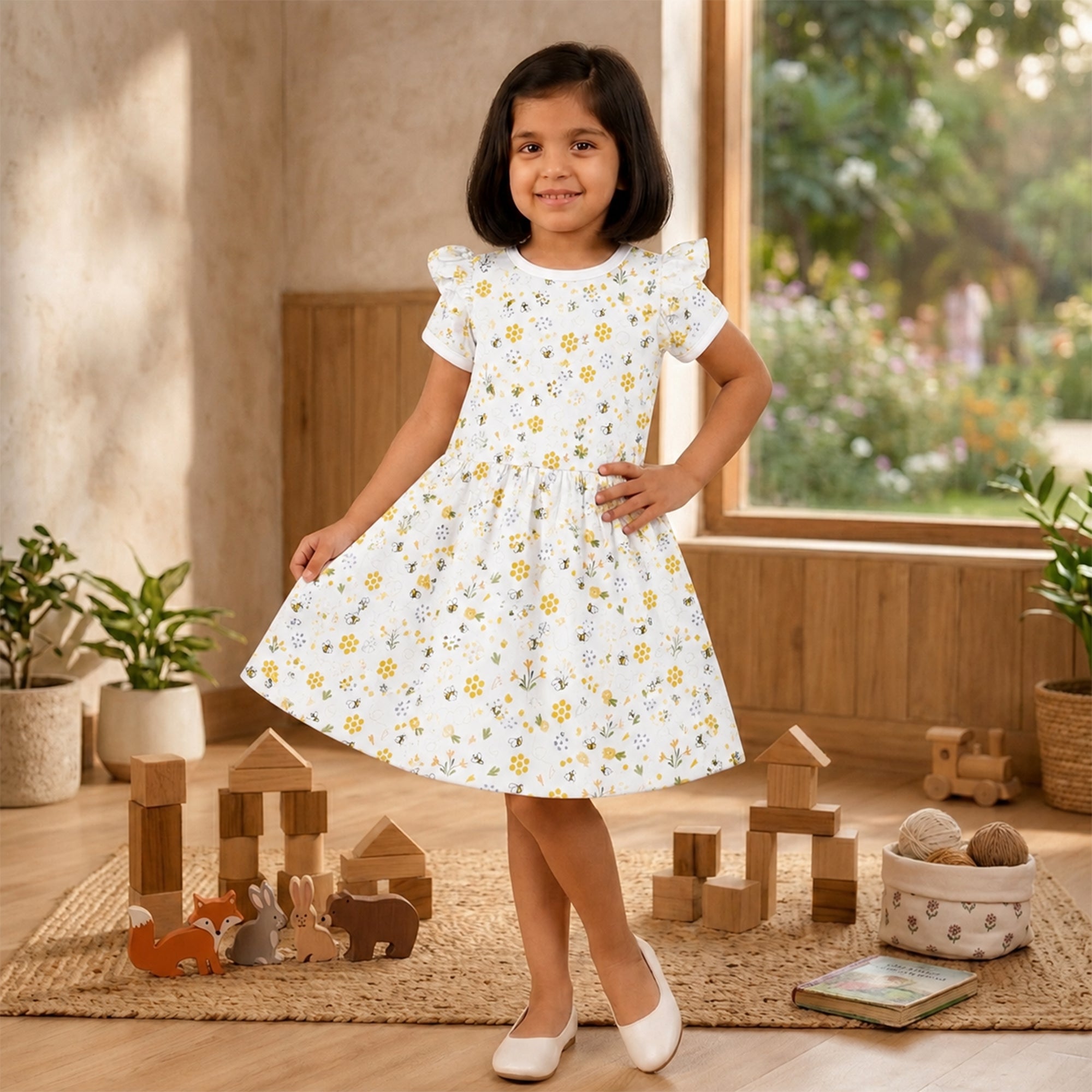 White BASE Violet Flower - Yellow Bee Print