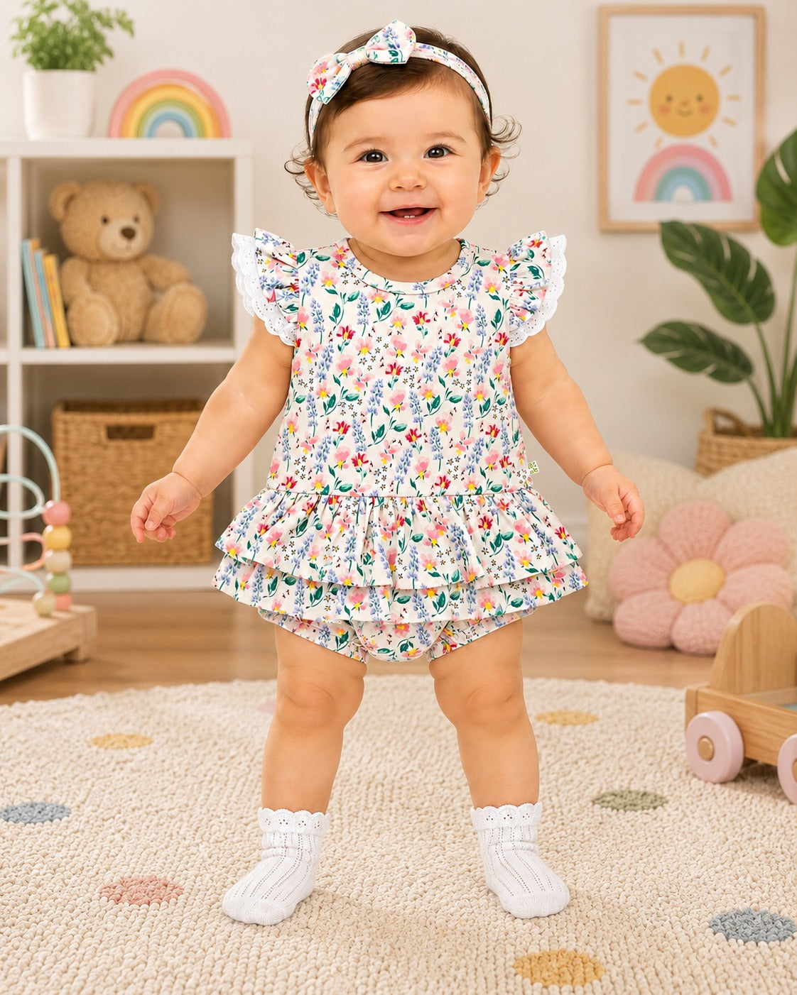 Baby Girl Skirt Onesie with Attached Bloomer|Flatter Sleeve|All Over Print