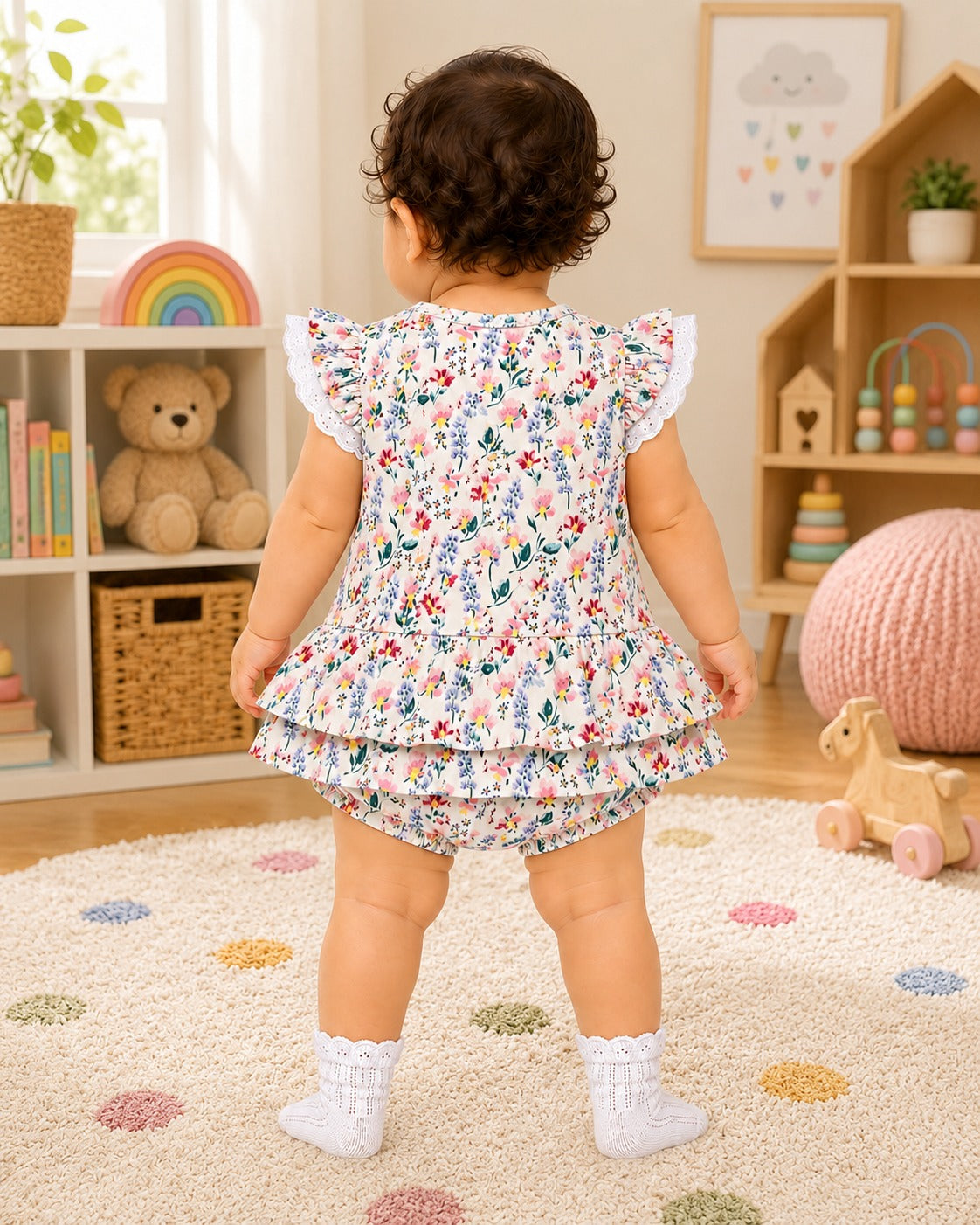 Baby Girl Skirt Onesie with Attached Bloomer|Flatter Sleeve|All Over Print