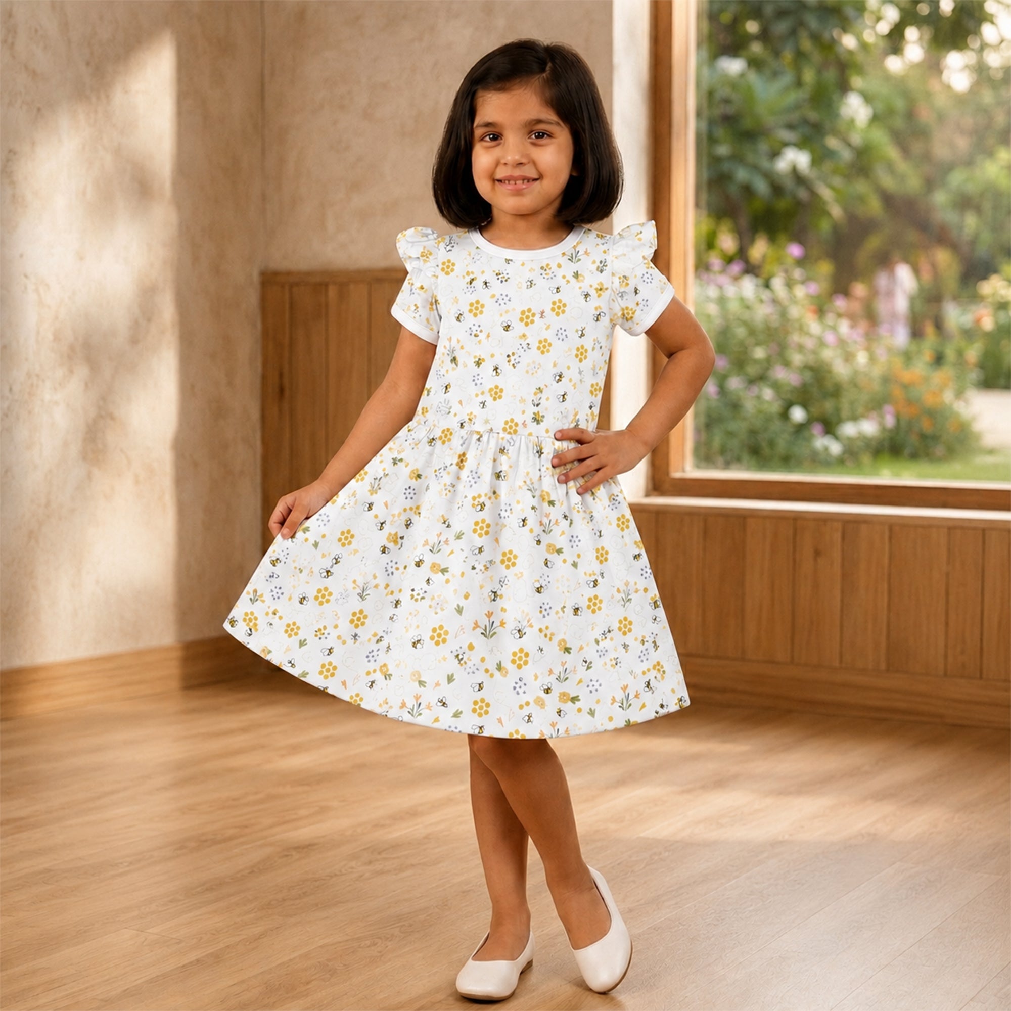White BASE Violet Flower - Yellow Bee Print