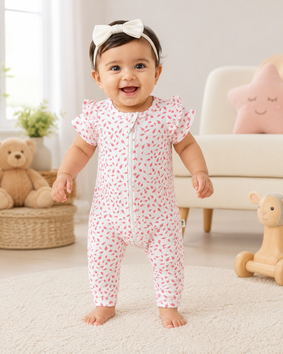 Green Leaf | Baby Girl Button Romper With 2- way zipper || Short Sleeve