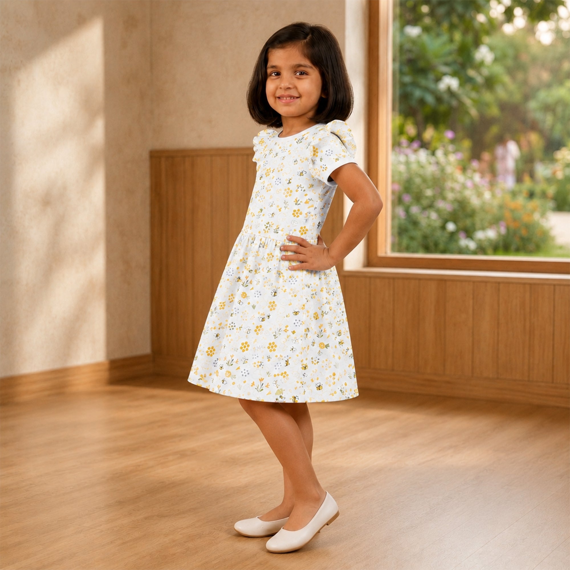 White BASE Violet Flower - Yellow Bee Print