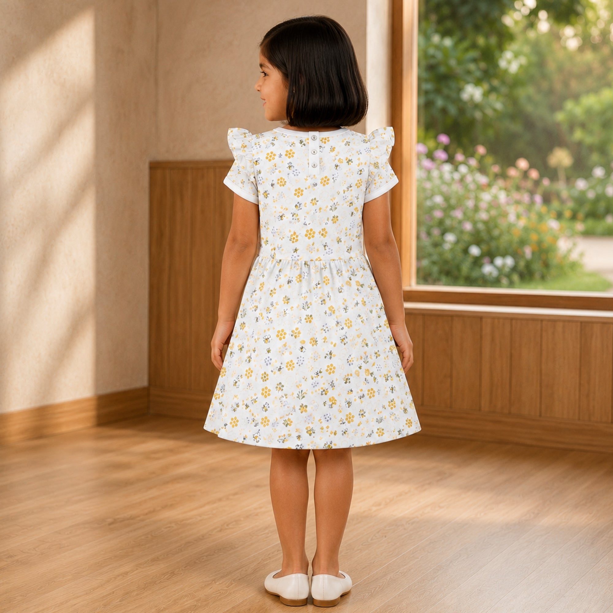 White BASE Violet Flower - Yellow Bee Print