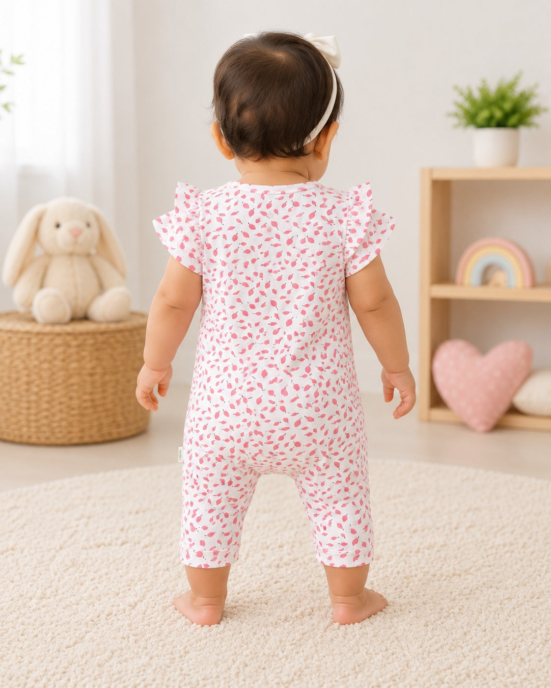 Green Leaf | Baby Girl Button Romper With 2- way zipper || Short Sleeve