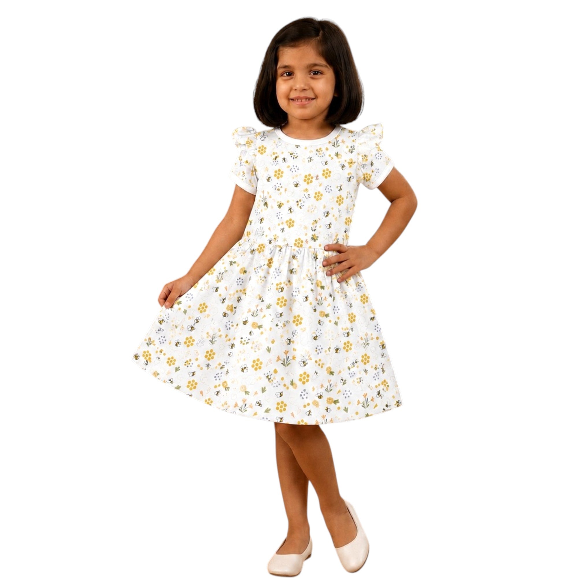White BASE Violet Flower - Yellow Bee Print