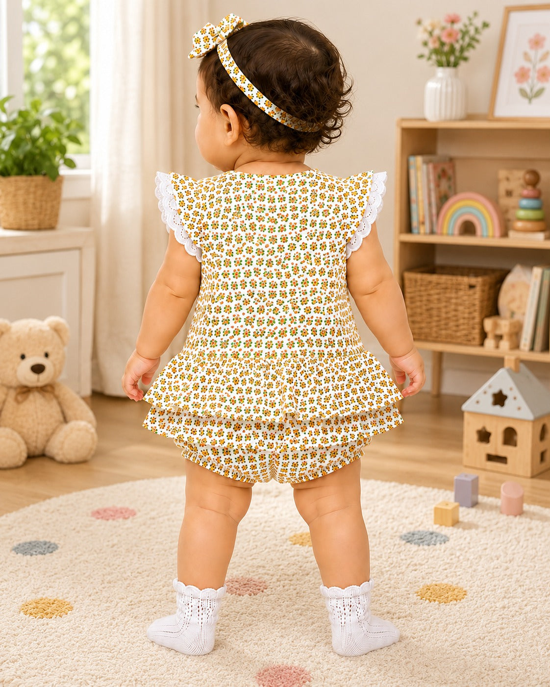 Baby Girl Skirt Onesie with Attached Bloomer|Flatter Sleeve|All Over Print