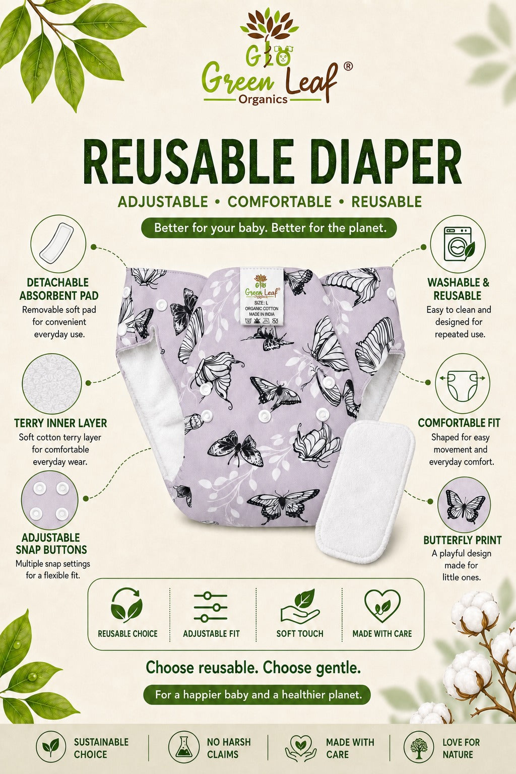 Washable Baby Diaper with Detachable Pad