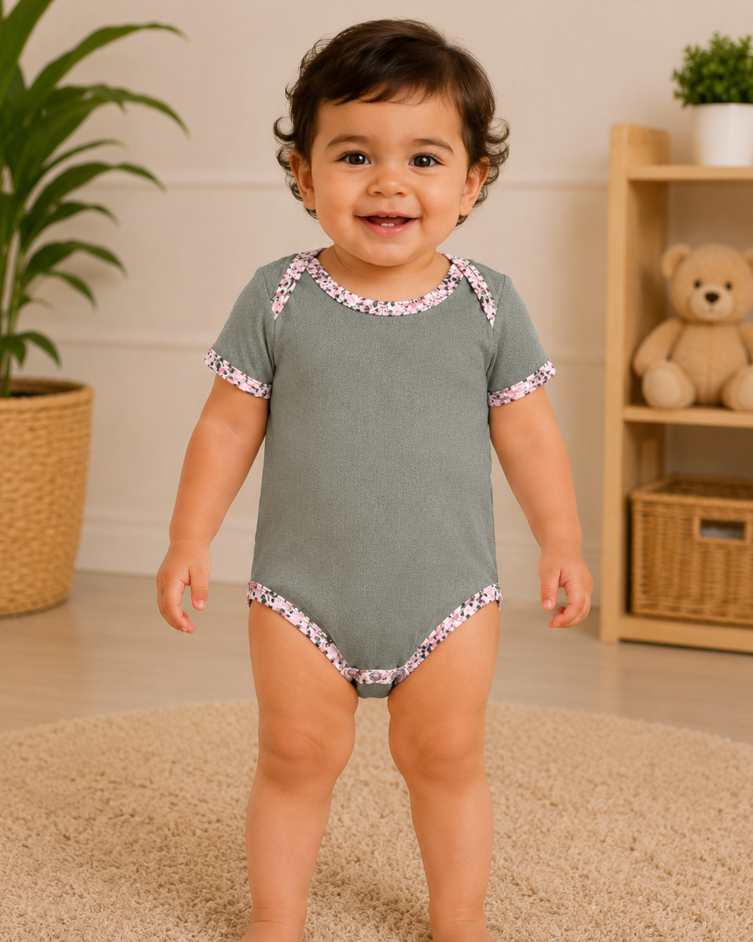 Sage Green Floral Print Trim bodysuit