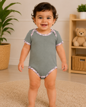 Sage Green Floral Print Trim bodysuit