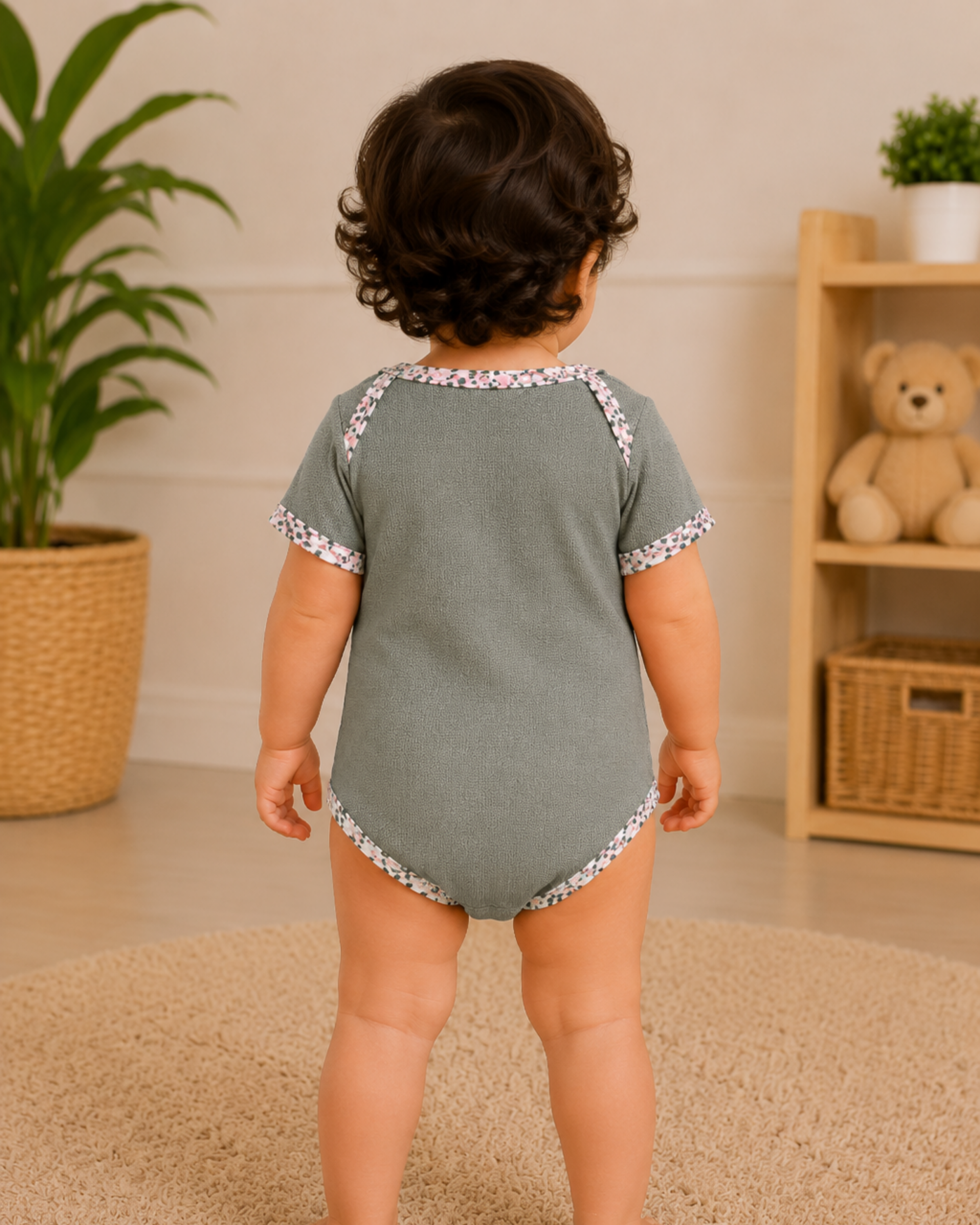 Sage Green Floral Print Trim bodysuit