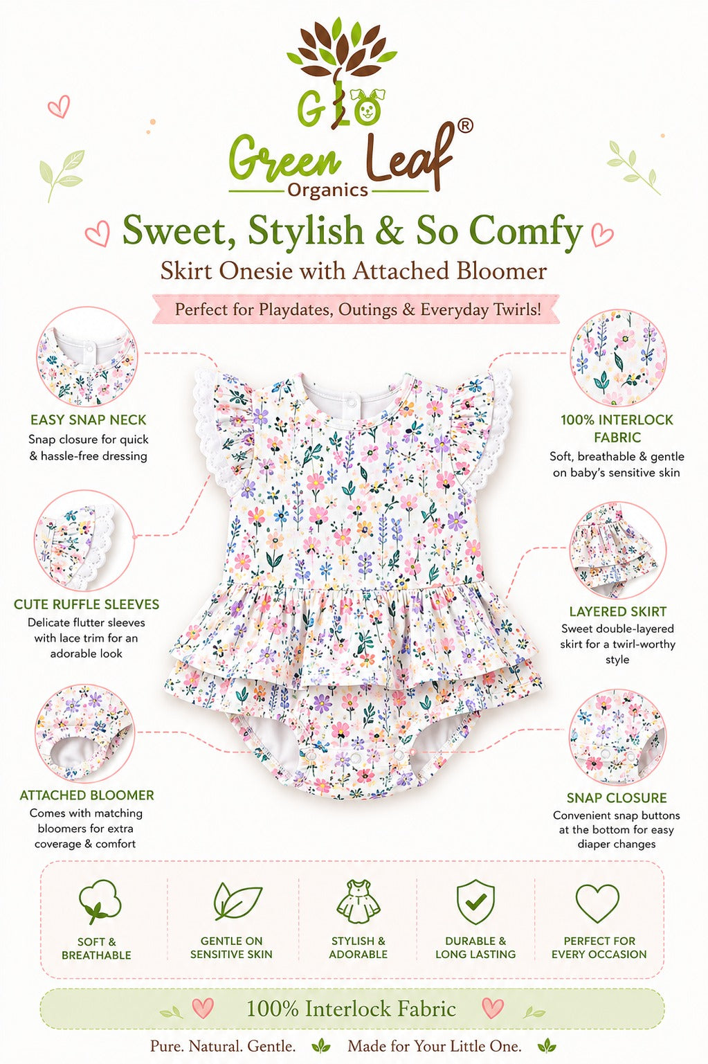 Baby Girl Skirt Onesie with Attached Bloomer|Flatter Sleeve|All Over Print