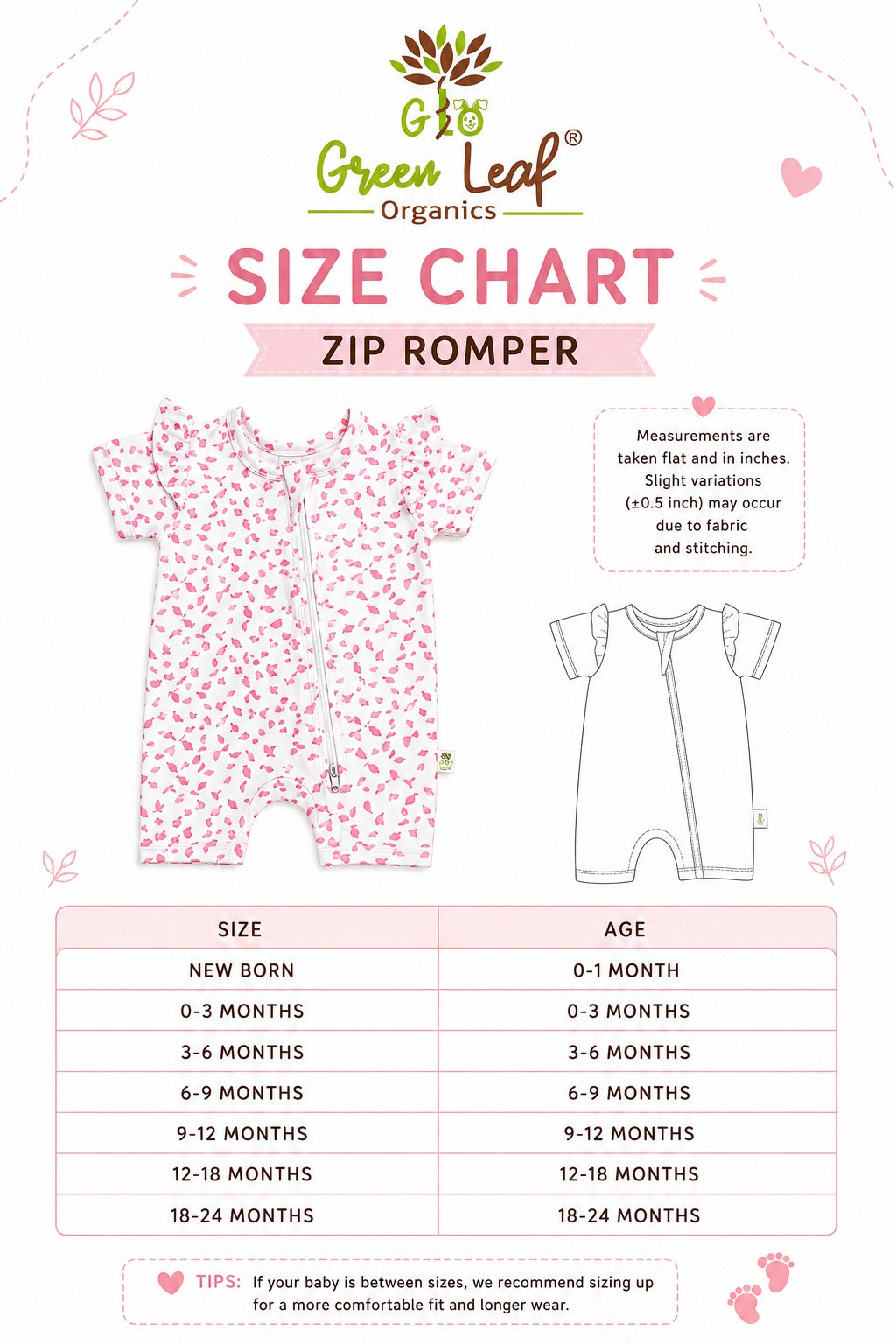 Green Leaf | Baby Girl Button Romper With 2- way zipper || Short Sleeve