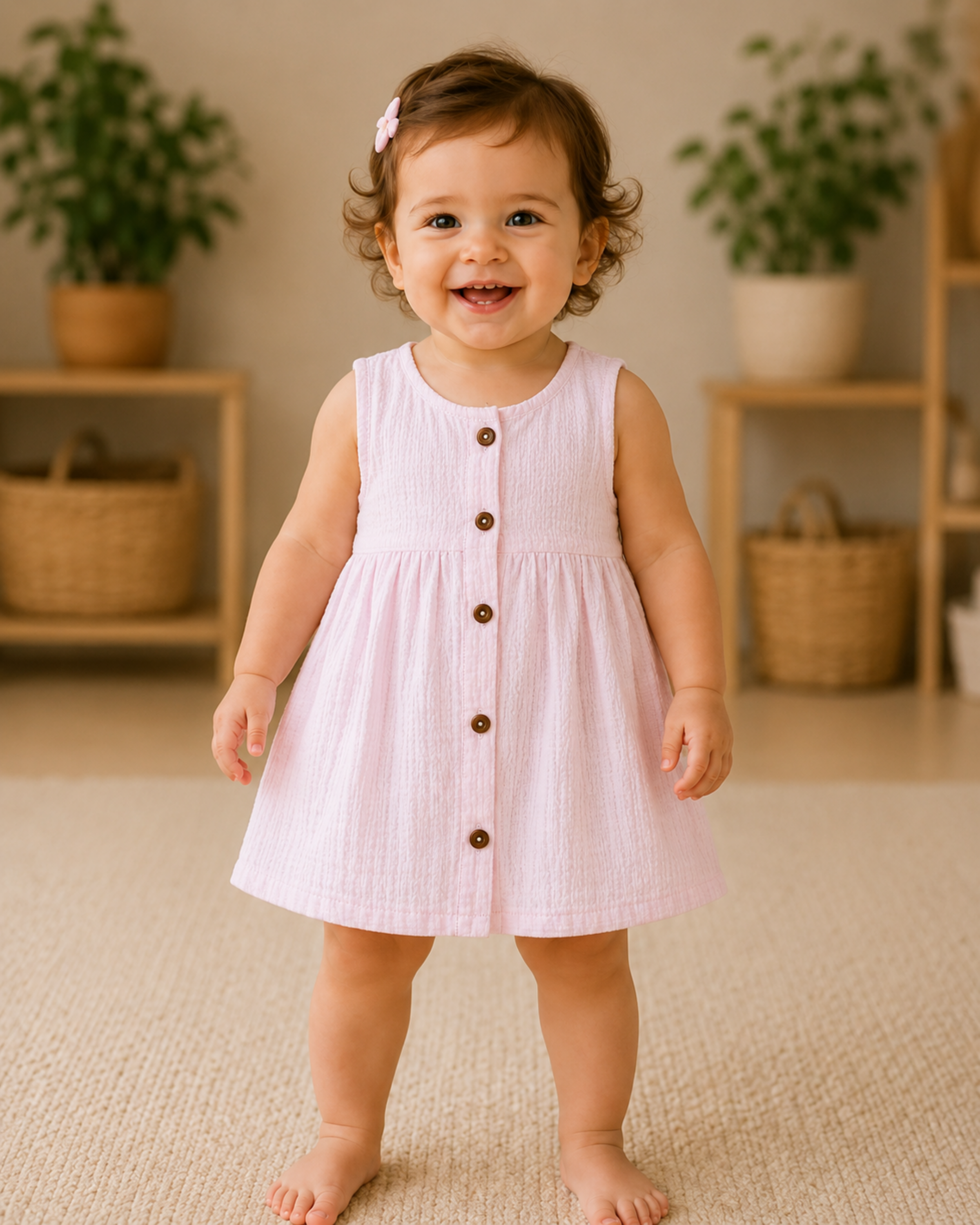 Plain Muslin Sleeveless Dress With Bloomer