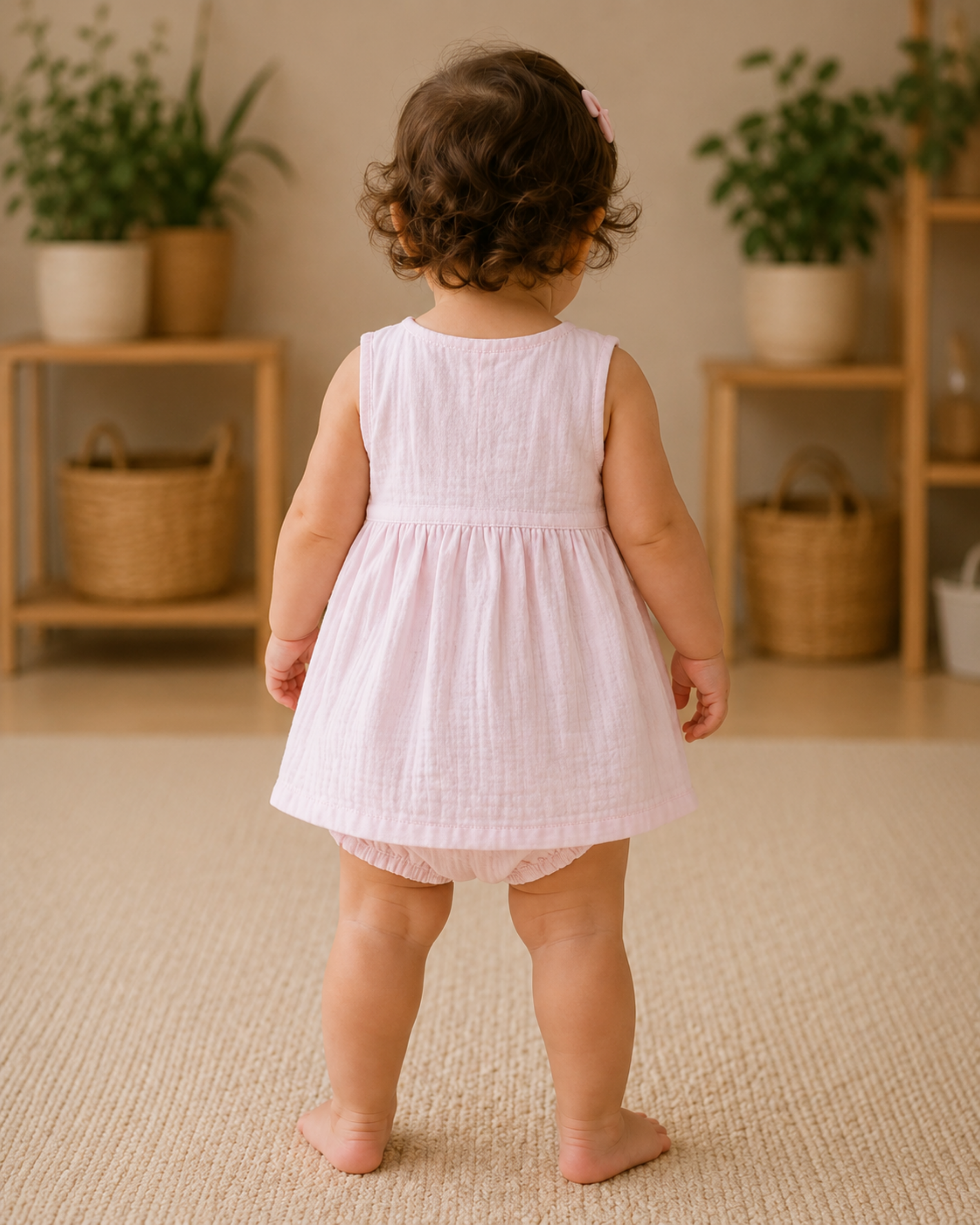 Plain Muslin Sleeveless Dress With Bloomer