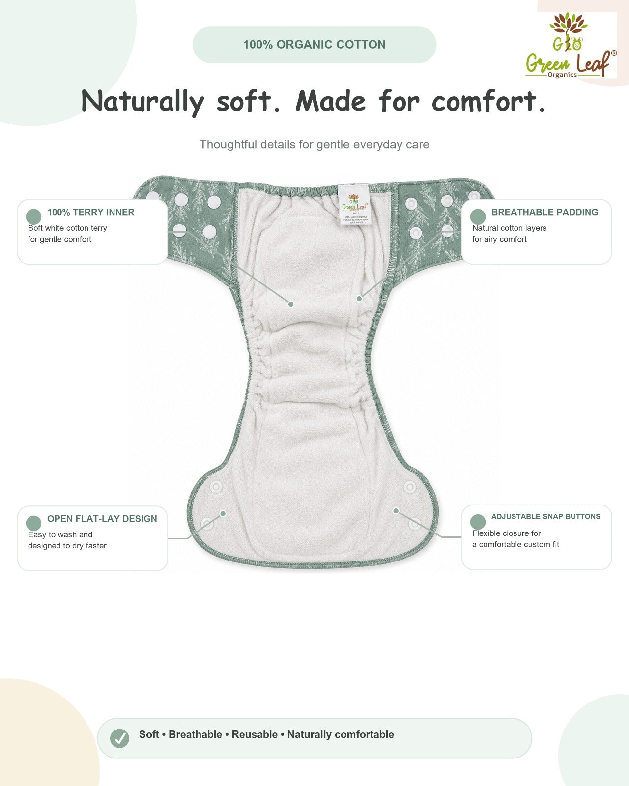 Green Leaf Organics Reusable Cloth Diaper | Organic Cotton | Adjustable Fit | 0-3 Years