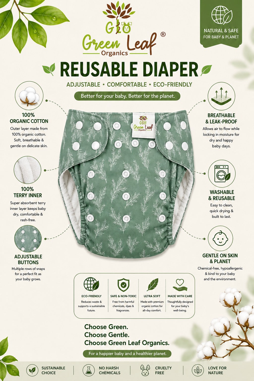 Green Leaf Organics Reusable Cloth Diaper | Organic Cotton | Adjustable Fit | 0-3 Years