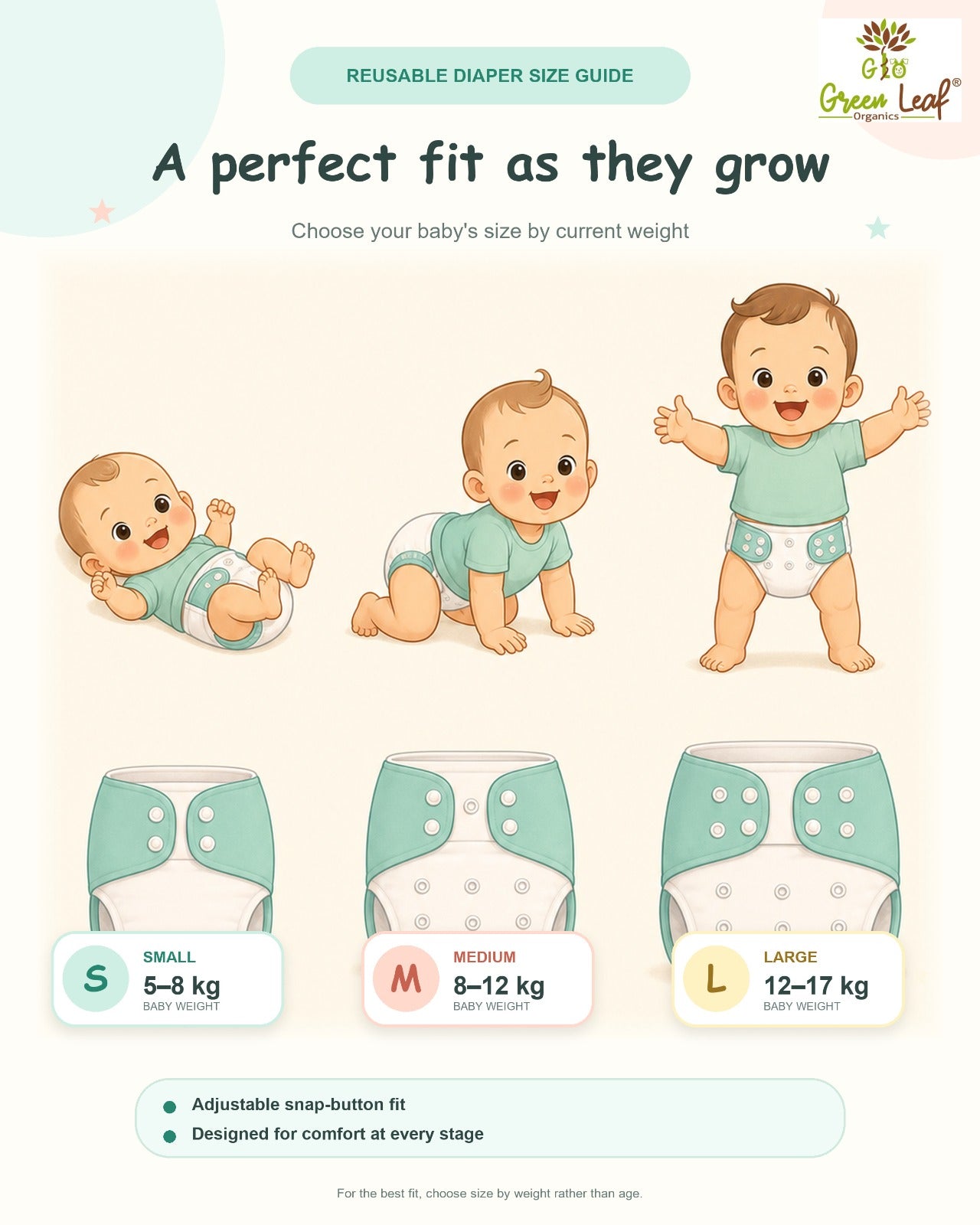 Green Leaf Organics Reusable Cloth Diaper | Organic Cotton | Adjustable Fit | 0-3 Years