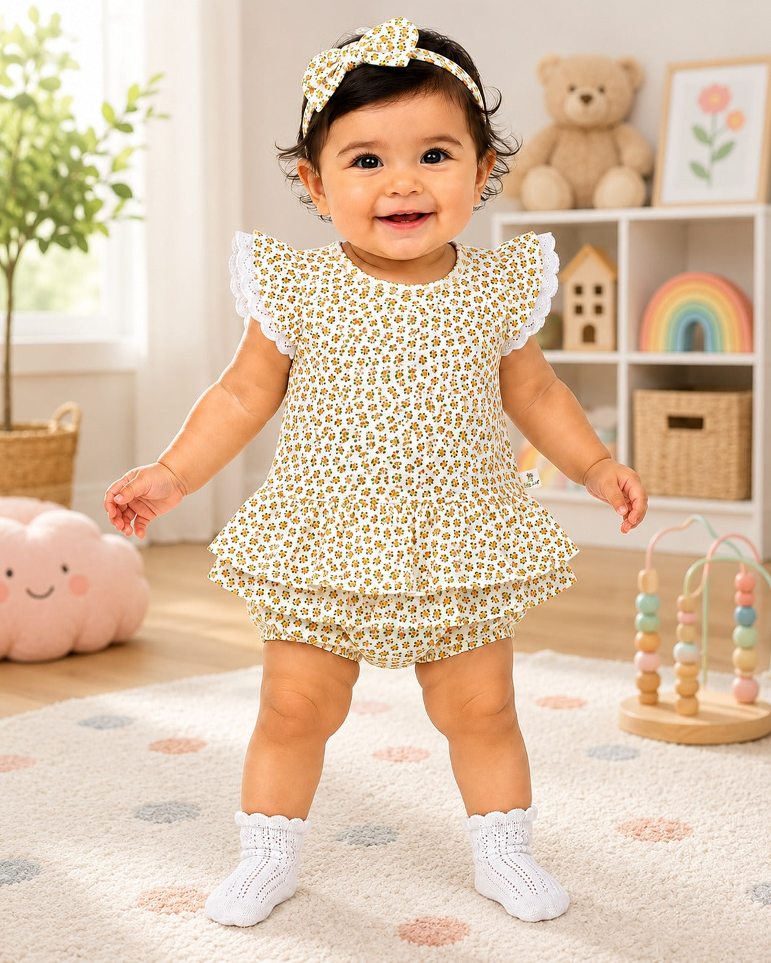 Baby Girl Skirt Onesie with Attached Bloomer|Flatter Sleeve|All Over Print