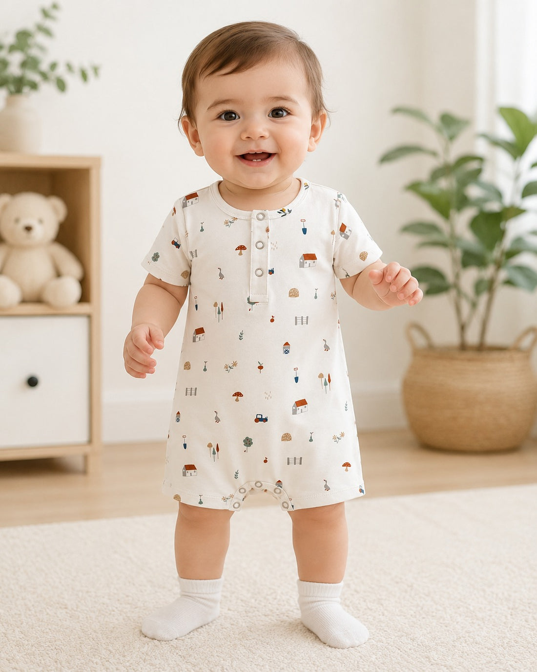 Green Leaf | Baby Boys Button Romper With Snap Buttons|Short Sleeve
