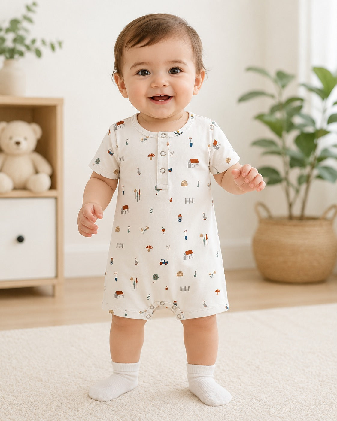 Green Leaf | Baby Boys Button Romper With Snap Buttons|Short Sleeve