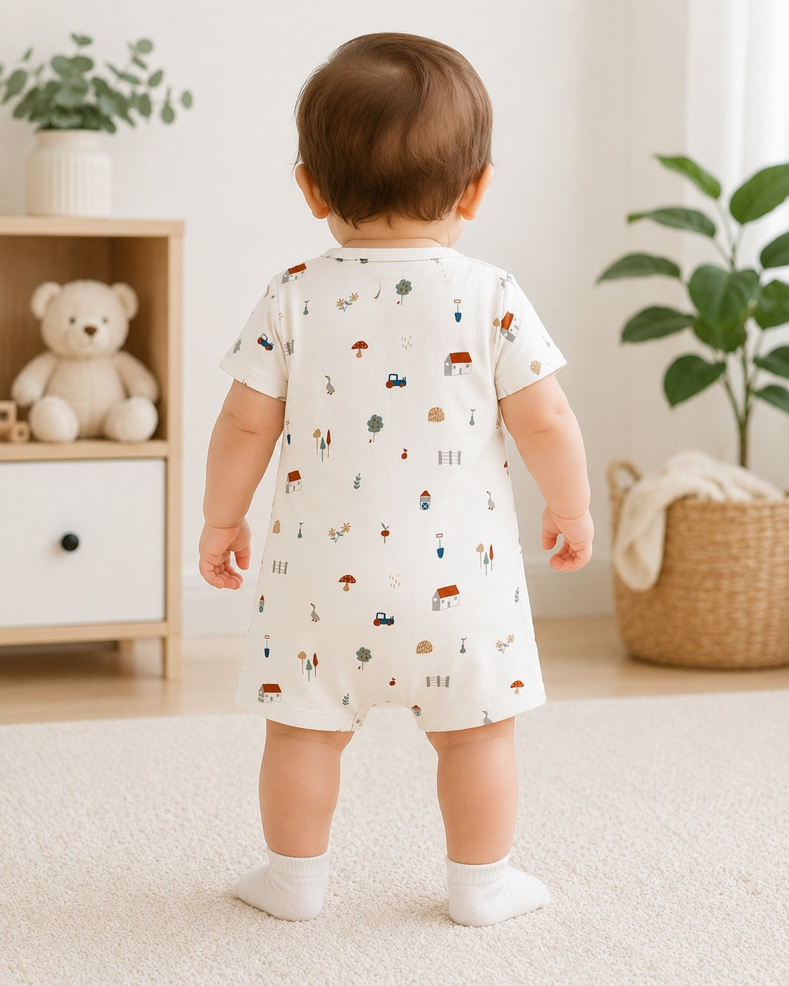 Green Leaf | Baby Boys Button Romper With Snap Buttons|Short Sleeve
