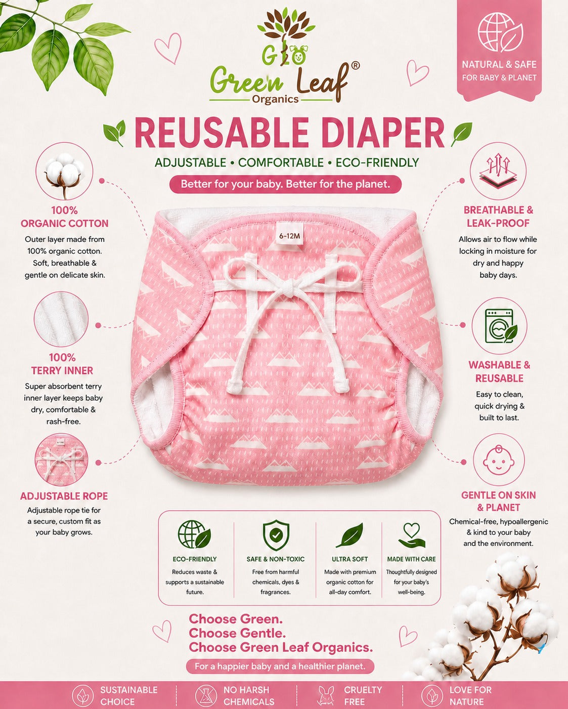 Baby Reusable Diaper Nappy with White Knot | Washable & Soft