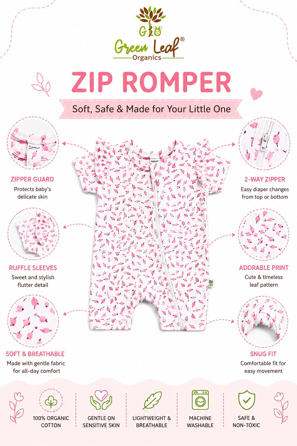 Green Leaf | Baby Girl Button Romper With 2- way zipper || Short Sleeve