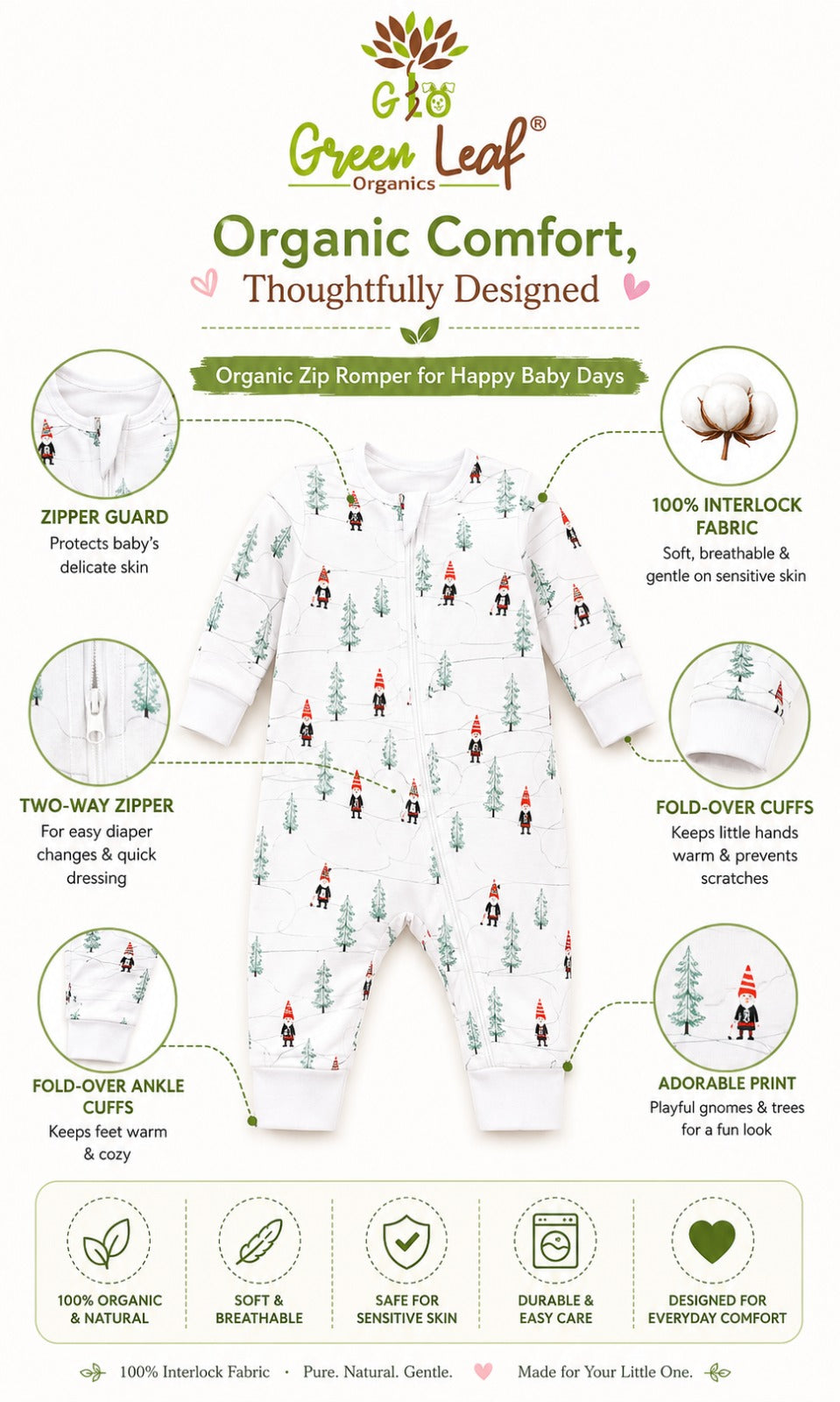 Baby Romper | 2 Way Long Zipper Sleepsuit | Leaf Print | Full Sleeve