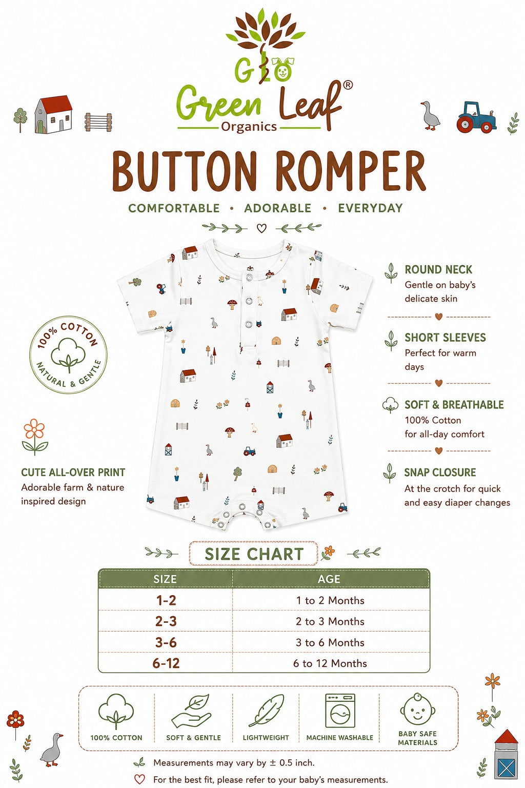 Green Leaf | Baby Boys Button Romper With Snap Buttons|Short Sleeve