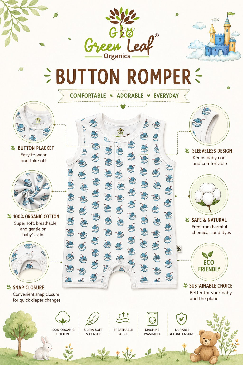 Green Leaf | Baby Boys Button Romper With Snap Buttons