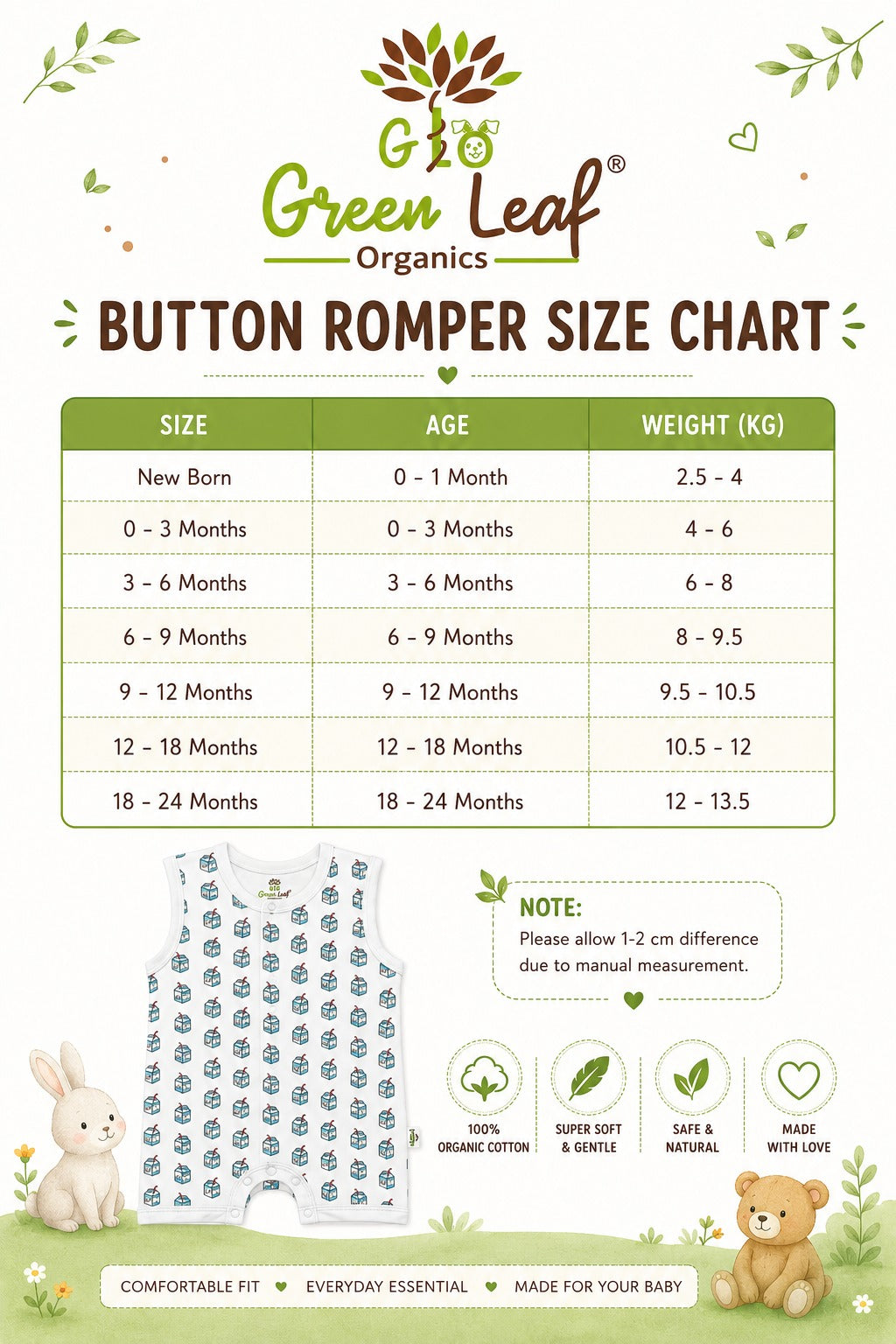 Green Leaf | Baby Boys Button Romper With Snap Buttons