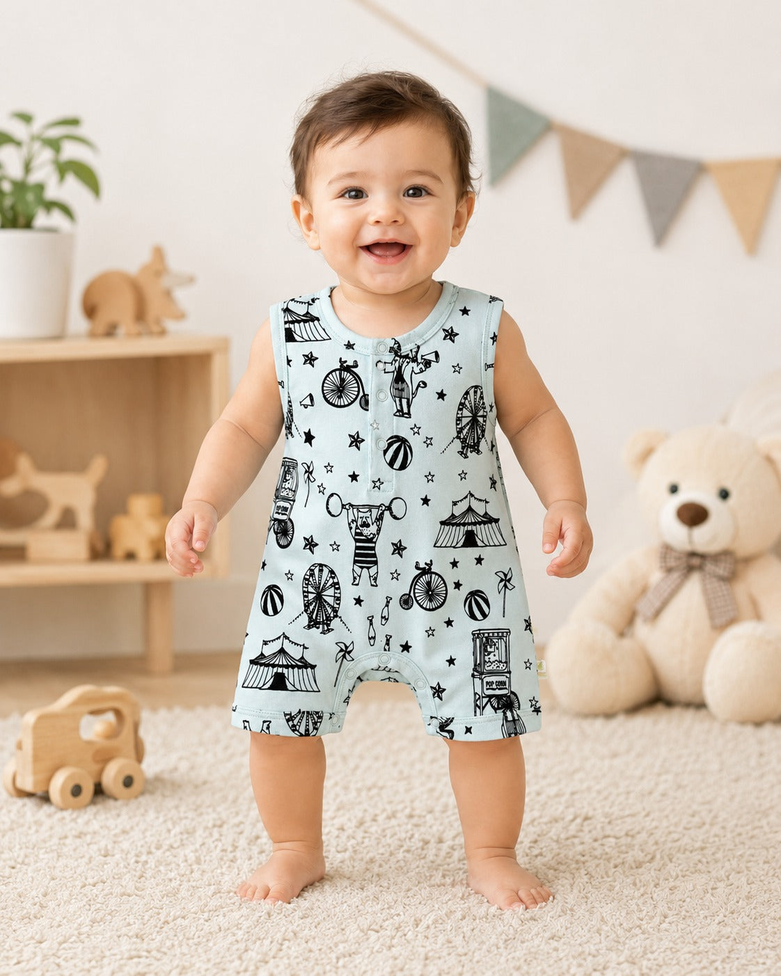 Green Leaf | Baby Boys Button Romper With Snap Buttons