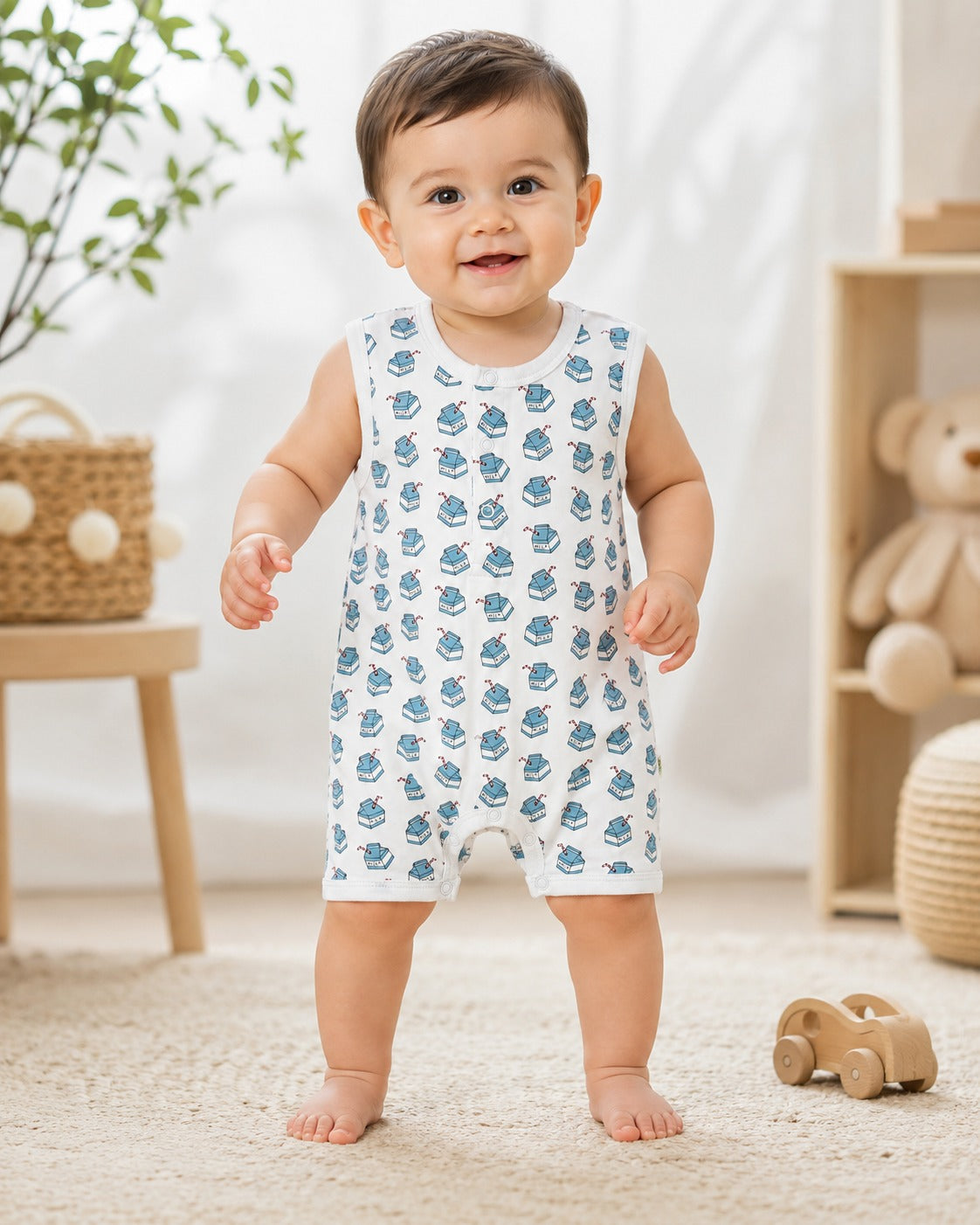 Green Leaf | Baby Boys Button Romper With Snap Buttons
