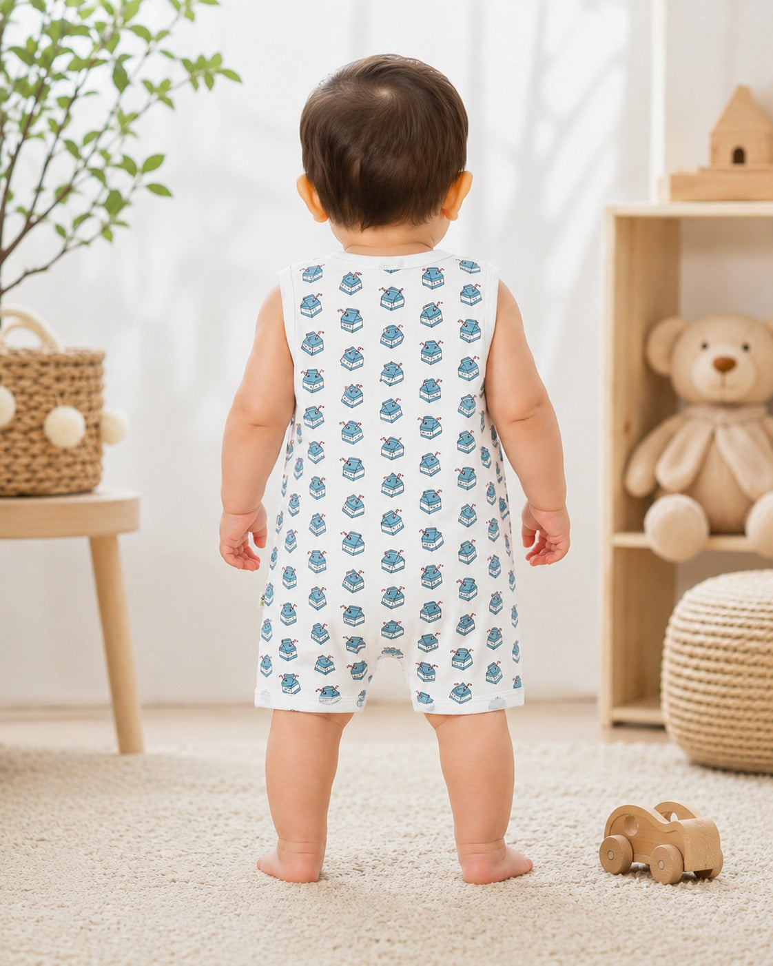 Green Leaf | Baby Boys Button Romper With Snap Buttons
