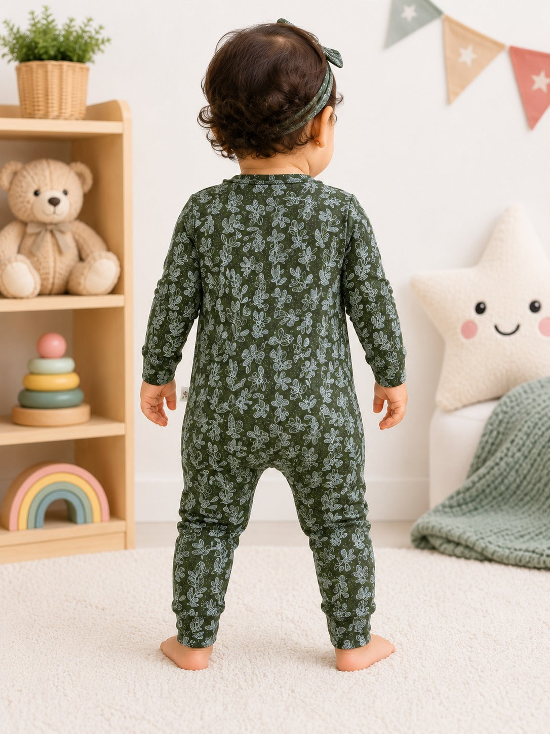 Baby Romper | 2 Way Long Zipper Sleepsuit | Leaf Print | Full Sleeve