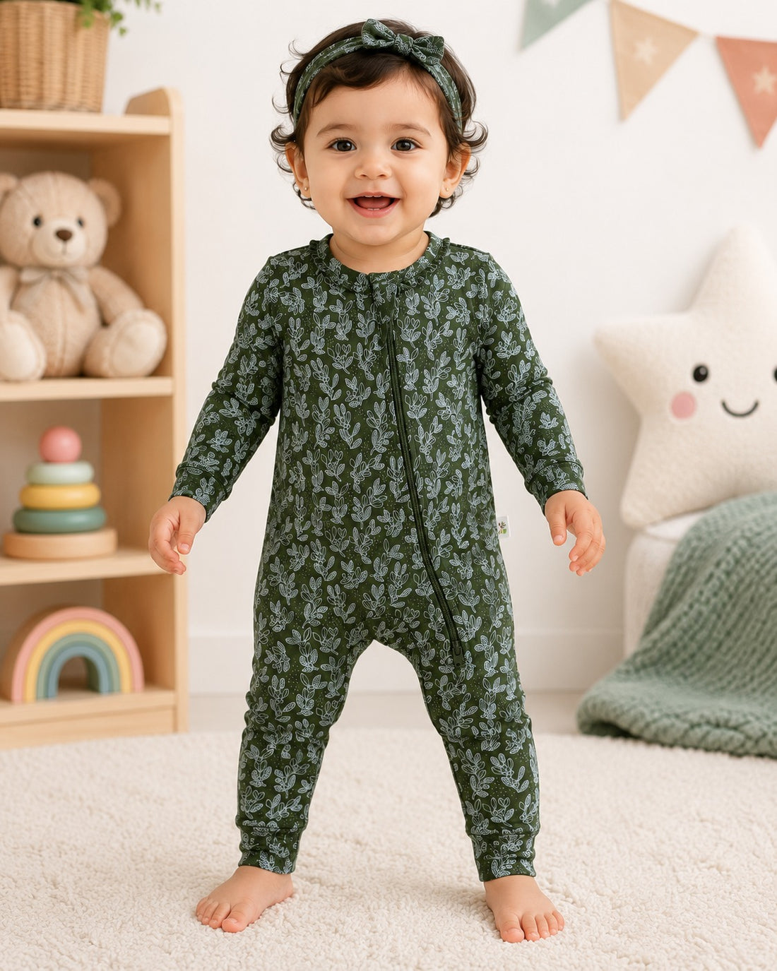Baby Romper | 2 Way Long Zipper Sleepsuit | Leaf Print | Full Sleeve